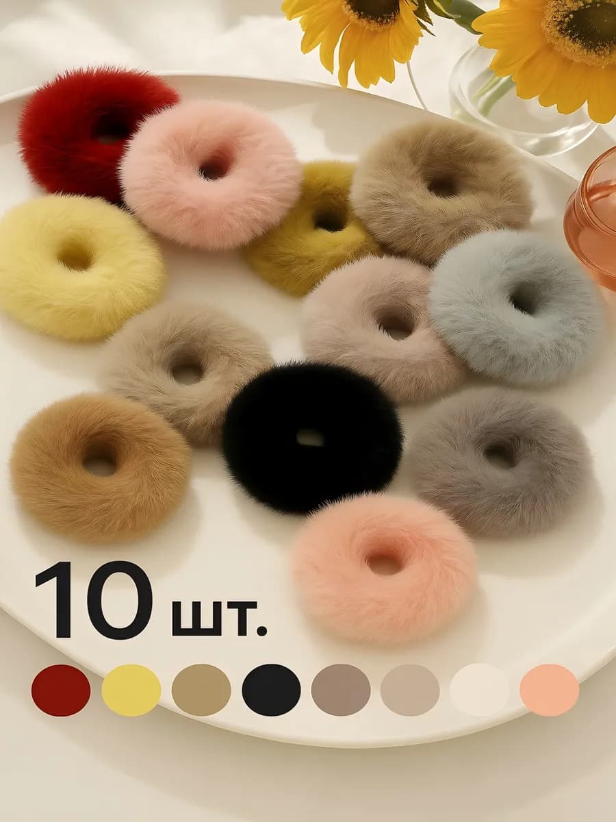 Резинки для волос пушистые меховые 10 шт - фото 1