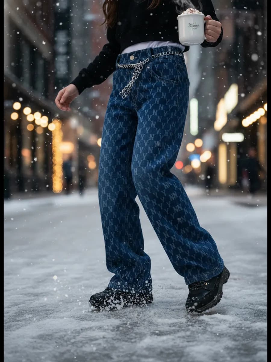 Джинсы на резинке утепленные на флисе