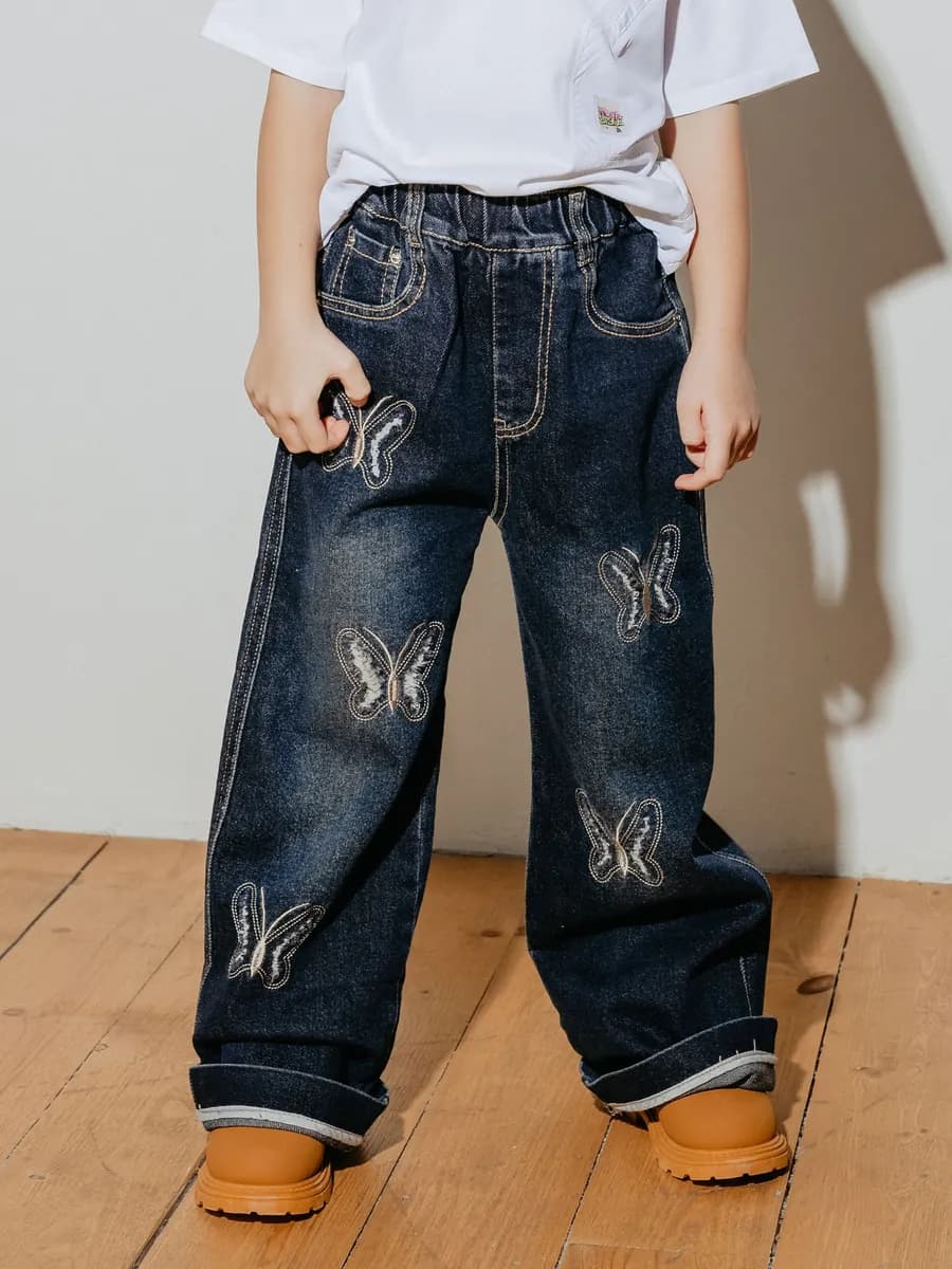 Джинсы детские палаццо широкие с вышивкой бабочки