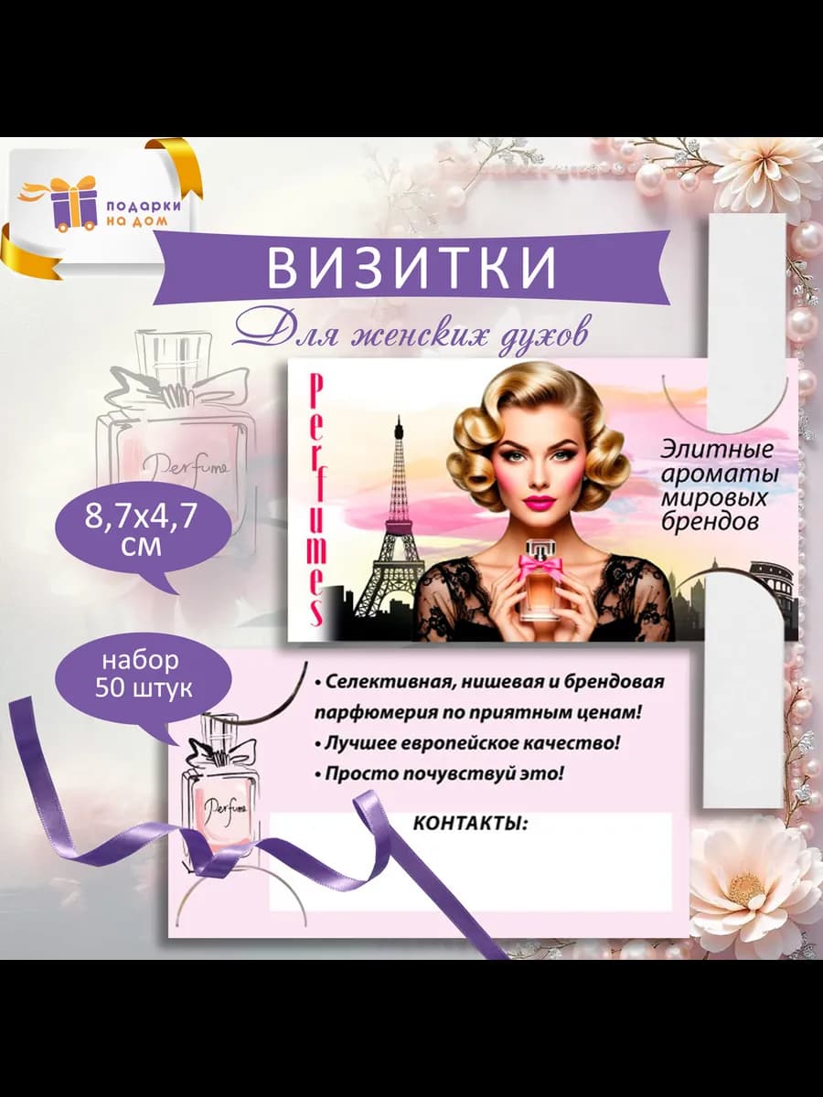 Визитки для женских духов с блоттерами - 50 штук аромавизито…