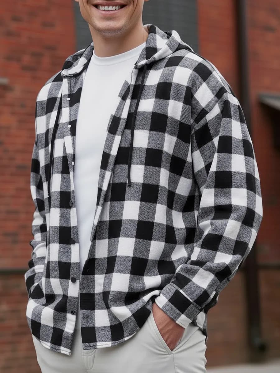 Рубашка теплая в клетку с длинным рукавом с капюшоном