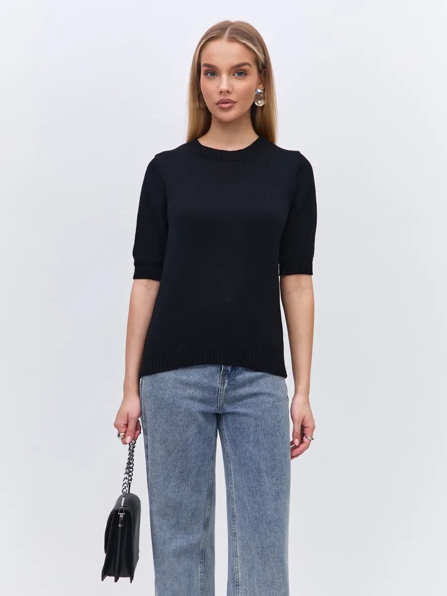 Джемпер кофта с коротким рукавом и вырезом из тонкого хлопка - фото 1