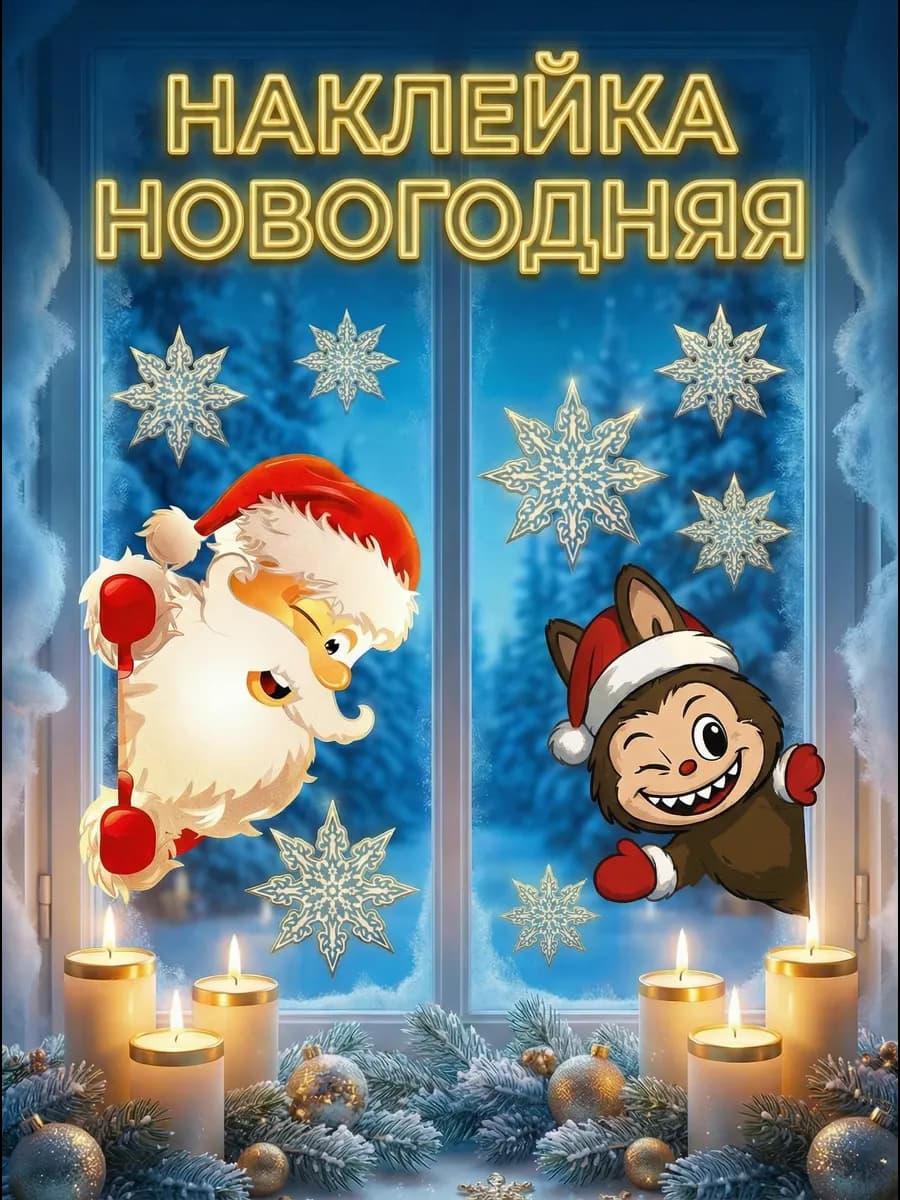 Наклейки новогодние на окна с Дедом Морозом и лабубу
