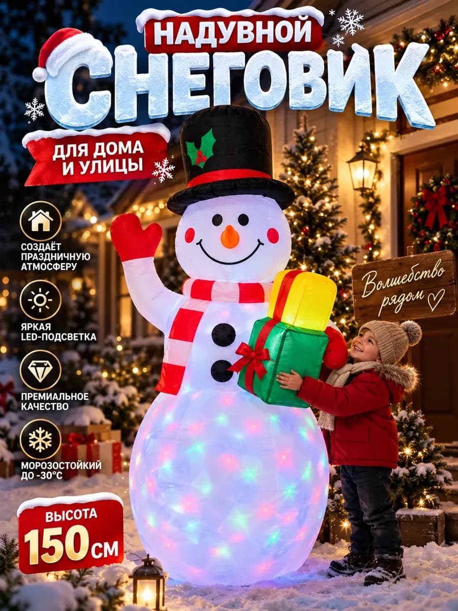 Снеговик надувной для дома и улицы с подсветкой 2027