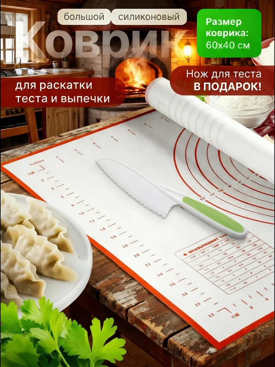 Силиконовый коврик для раскатки теста 60х40 см с ножом