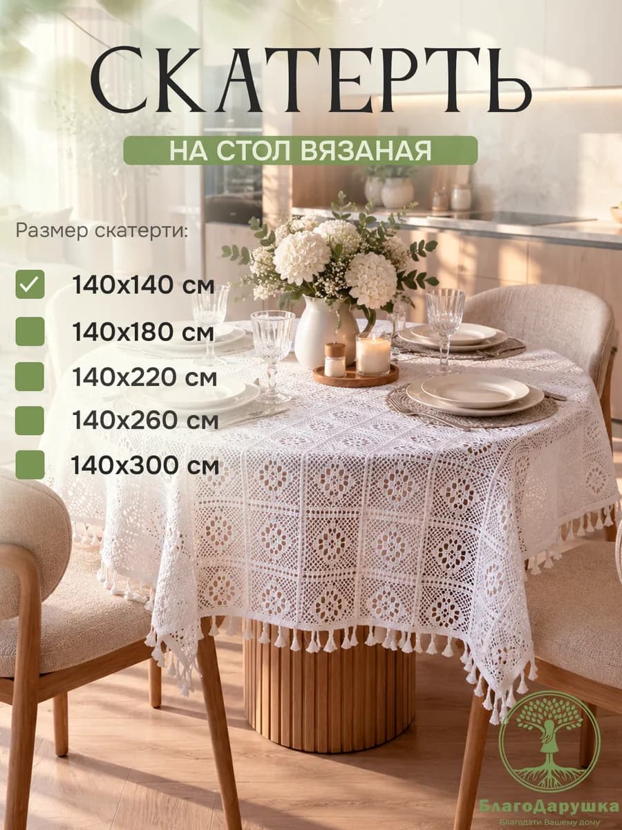Скатерть на стол вязаная кружевная бохо 140х140см