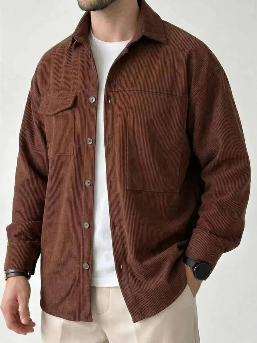 Рубашка вельветовая оверсайз с длинным рукавом - фото 1