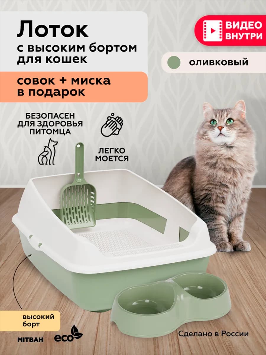 Лоток для кошек большой с бортами, совком и миской