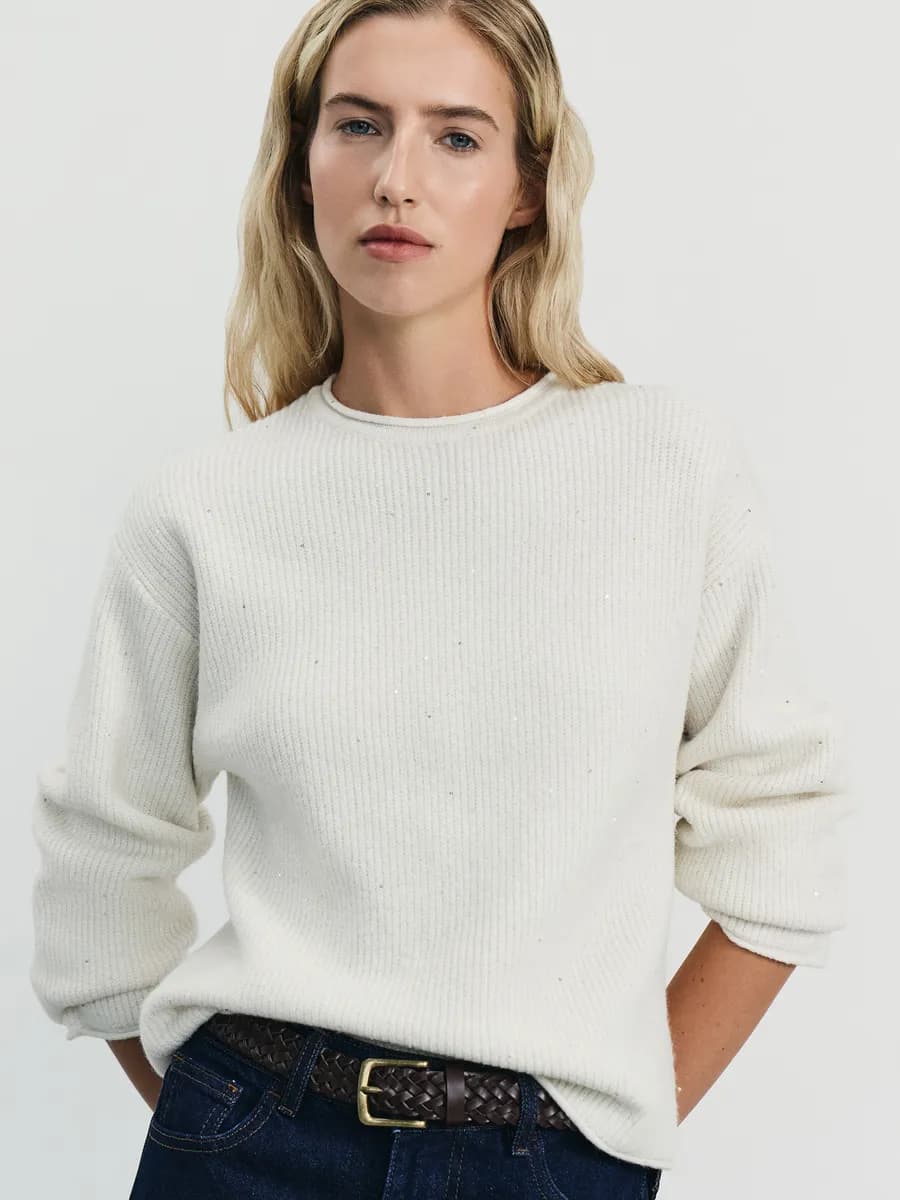 Джемпер вязаный в рубчик с люрексом и пайетками