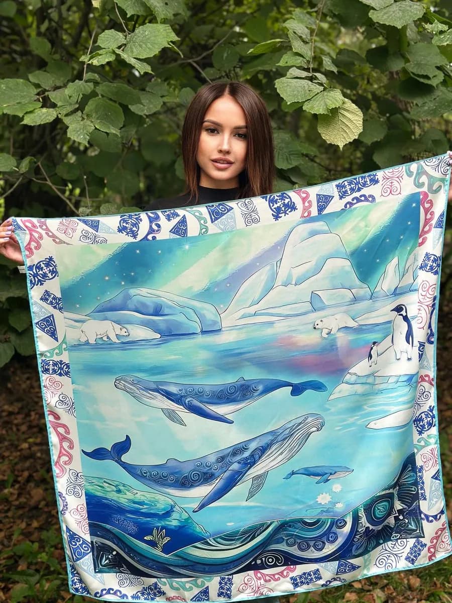 Платок шелк вискозный с китами подарочный