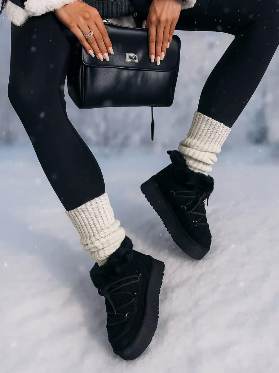 Угги зимние черные на платформе натуральный мех