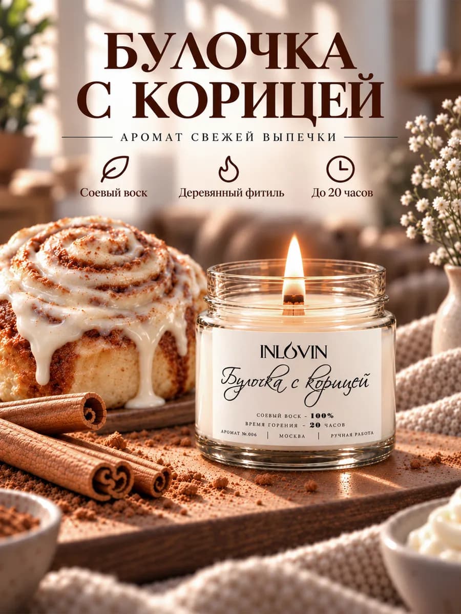 Свеча ароматическая с деревянным фитилем "Булочка с корицей"