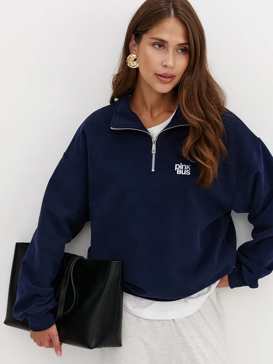 Свитшот оверсайз без начеса на молнии полузамок с принтом