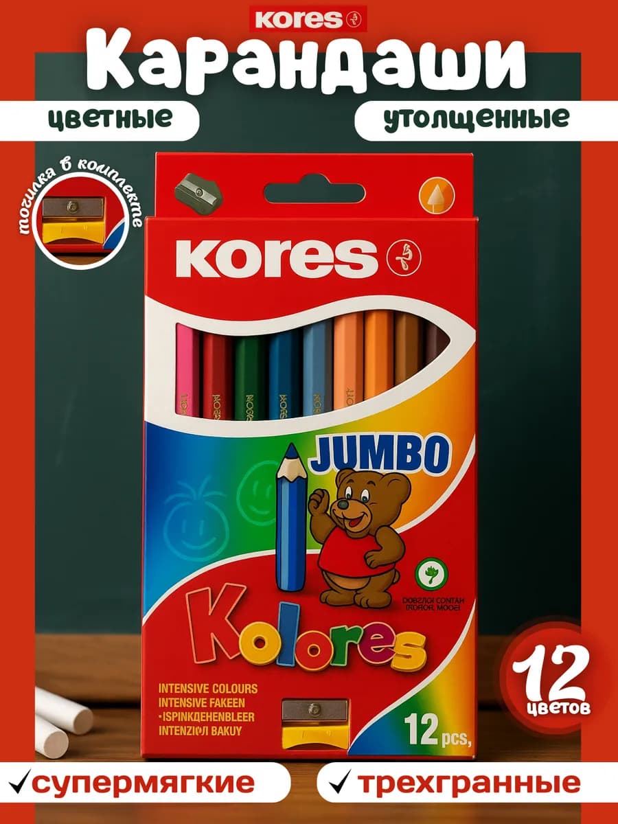 карандаши цветные 12шт kores толстые