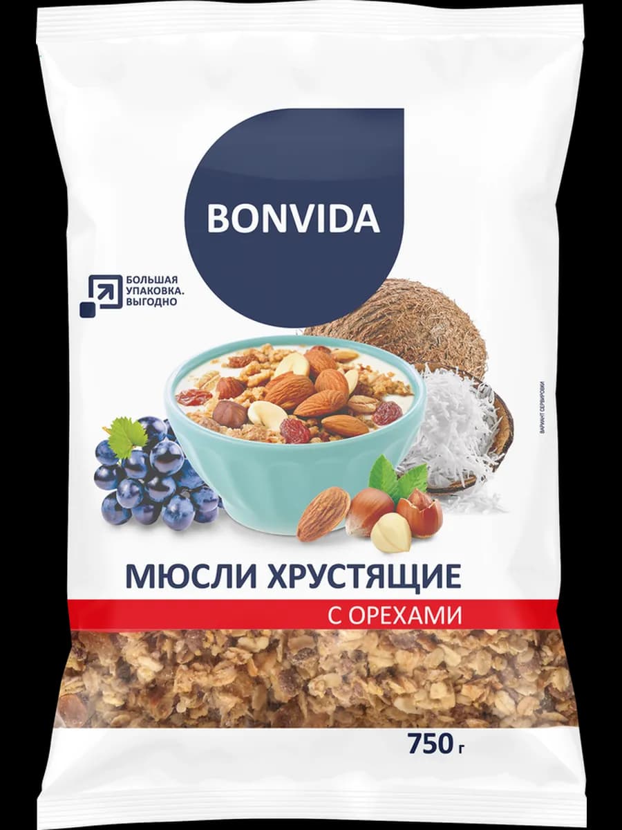 Мюсли хрустящие BONVIDA с орехами 750г