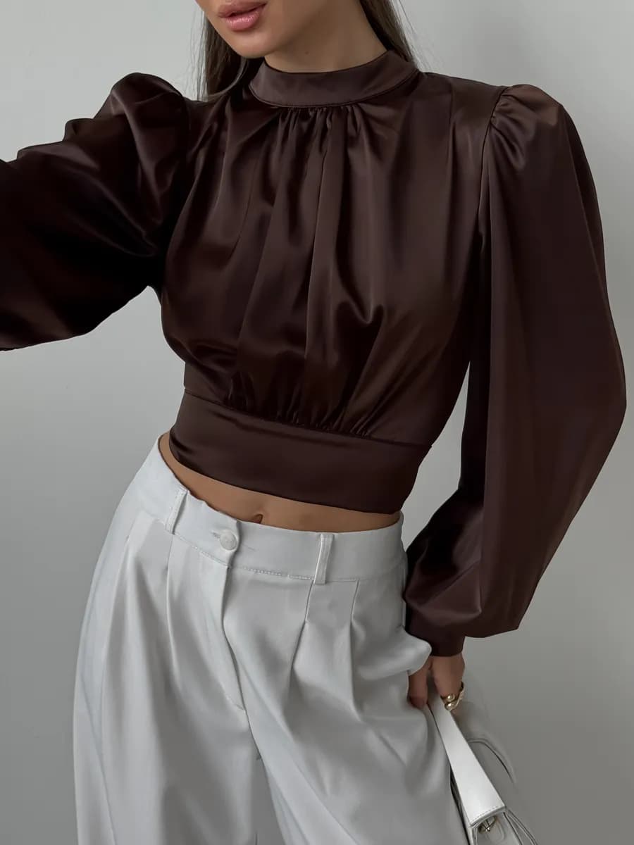 Блузка топ нарядная шелковая с длинным рукавом фонарик