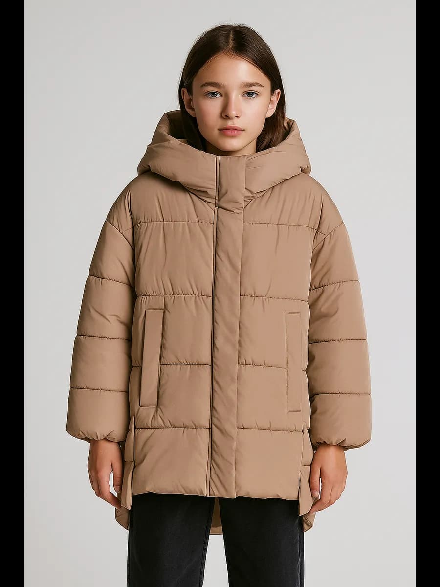 Пальто утепленное бежевое с капюшоном