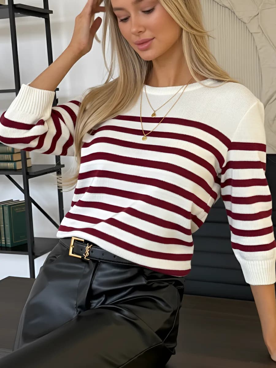 Джемпер тонкий вязаный с рукавом 3 4 в полоску