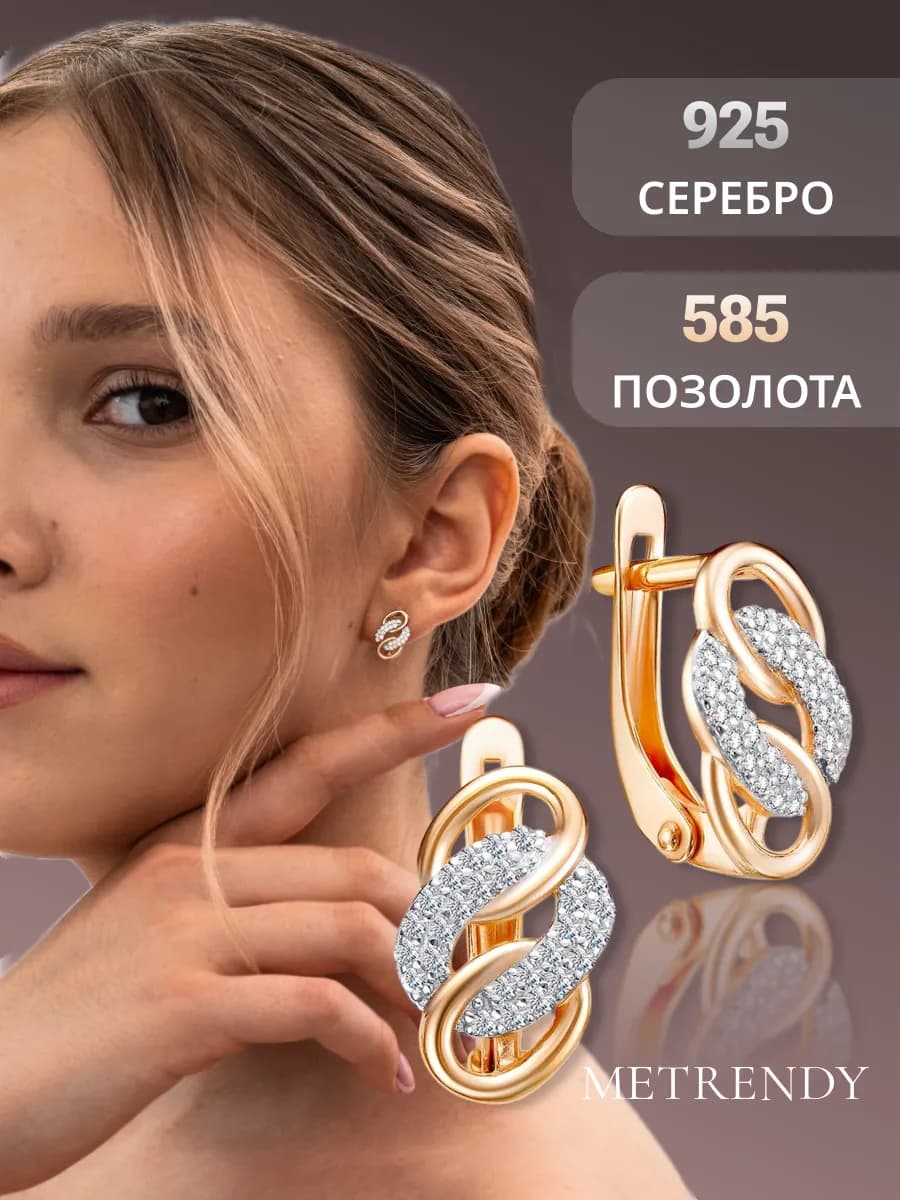 Серьги золотые с фианитами серебро 925