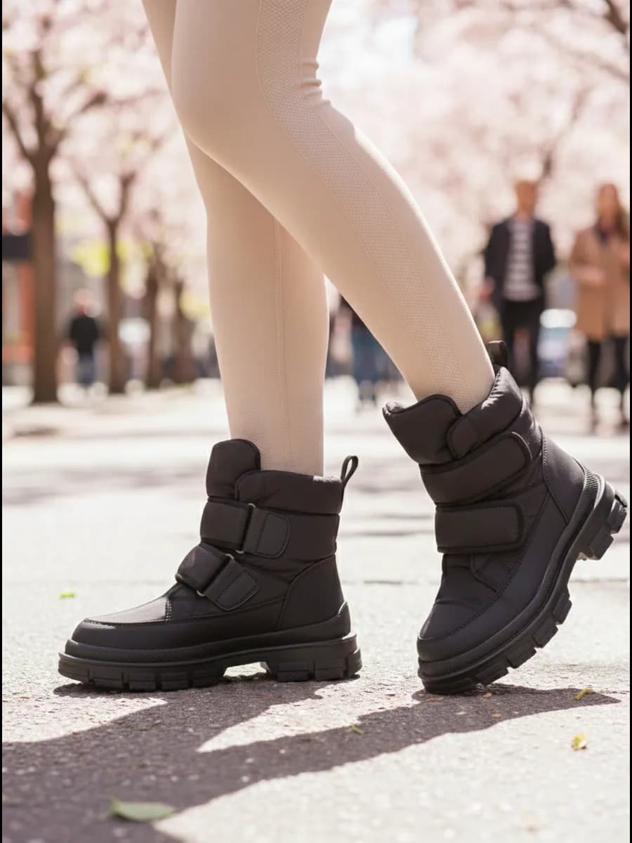 Дутики зимние натуральные непромокаемые на липучке чёрные