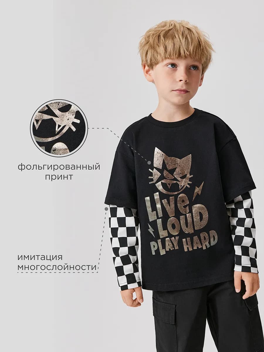 Лонгслив с двойным рукавом и блестящим принтом