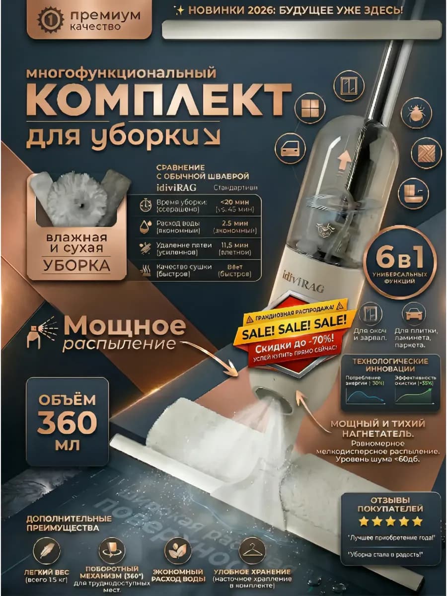 Умная швабра с распылителем с объемом бака 360 мл, 6 насадок