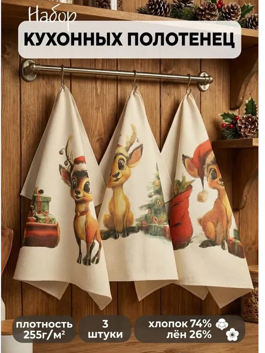 Полотенца кухонные с петельками. Набор лен. Новогодние 2026