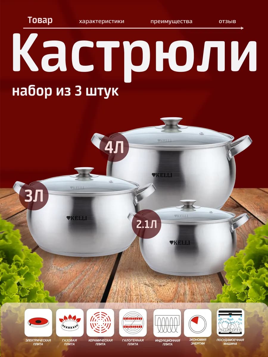 Набор посуды из нержавеющей стали. Объем 2,1 3 4 л