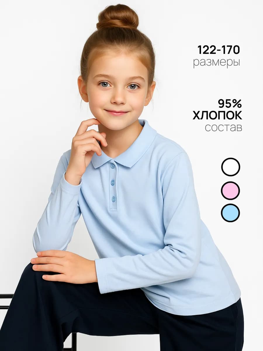 Школьная хлопковая блузка поло с длинным рукавом