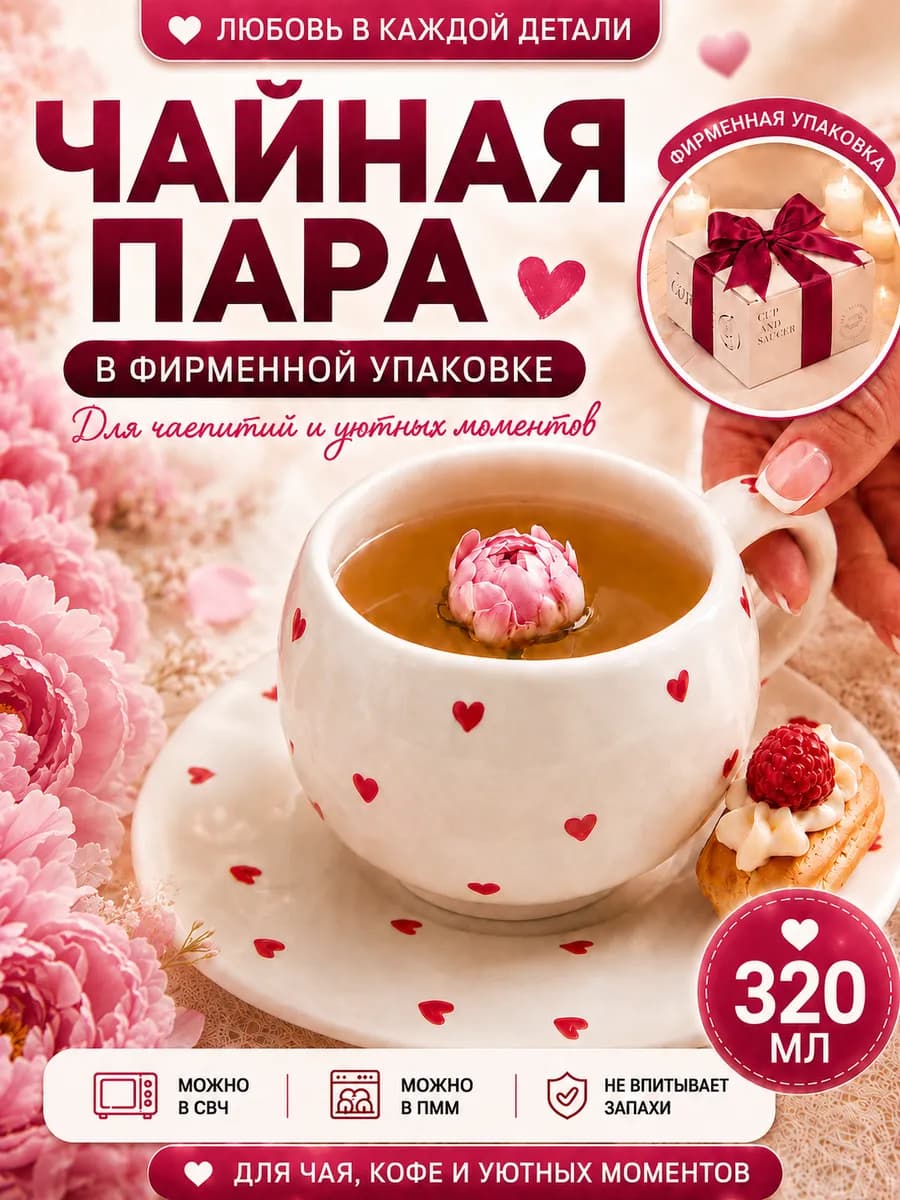Чайная пара, чашка с блюдцем Сердечки