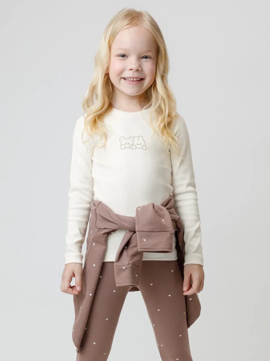 Хлопковый лонгслив с начесом в рубчик для девочки