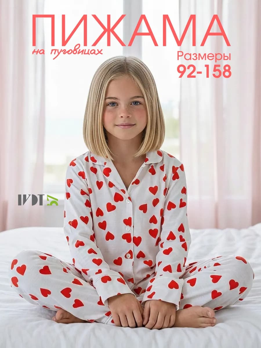 Пижама со штанами домашняя на пуговицах с сердечками