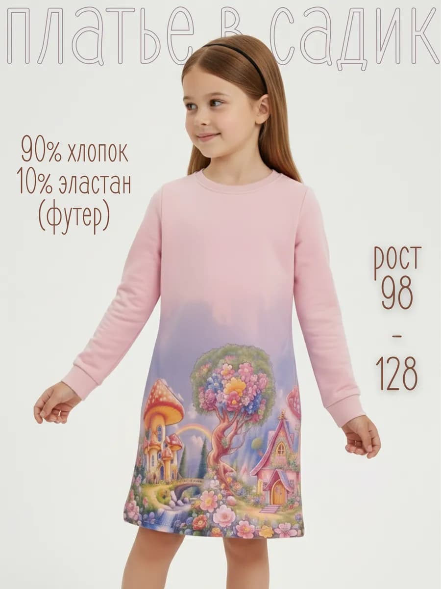 Платье теплое розовое в садик длинные рукава