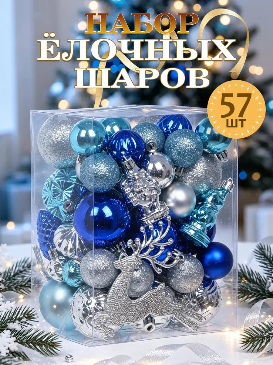 Елочные игрушки, шары на новогоднюю елку, Набор 57 шт