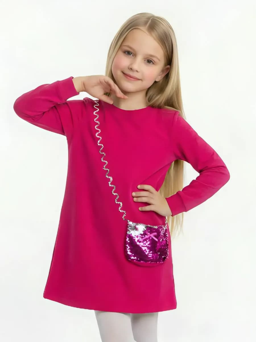 Платье малиновое с сумочкой в садик с длинным рукавом