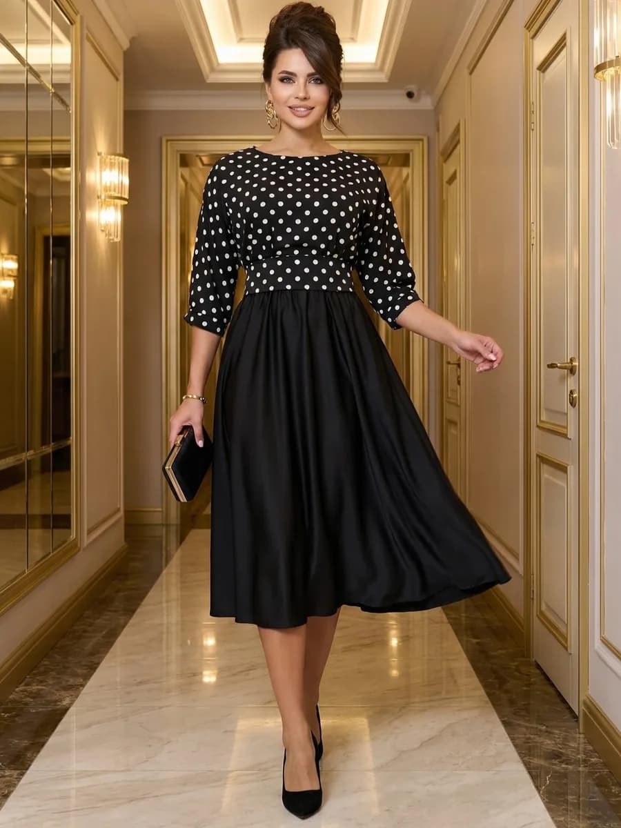 Платье праздничное вечернее атласное миди в горошек