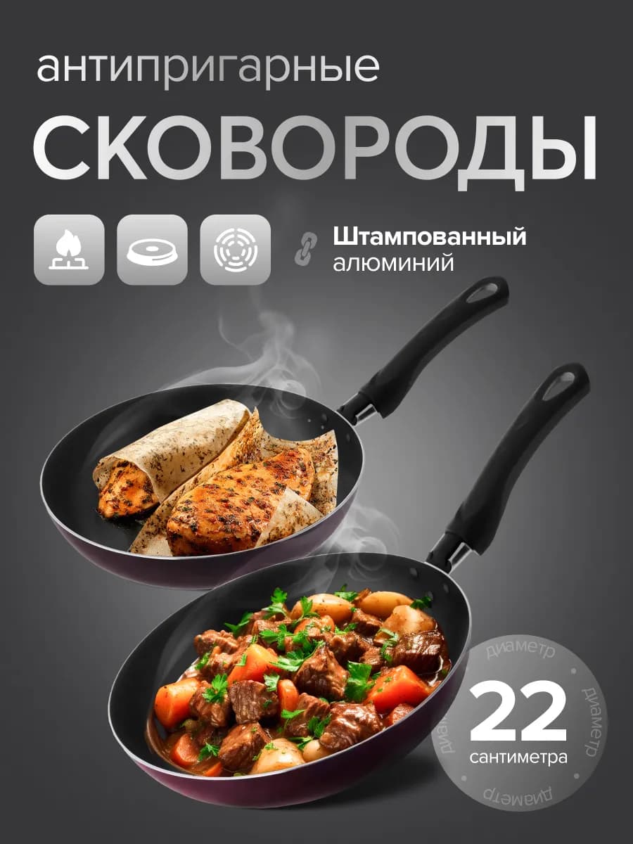 Сковородки с антипригарным покрытием, 22 см, 2 шт