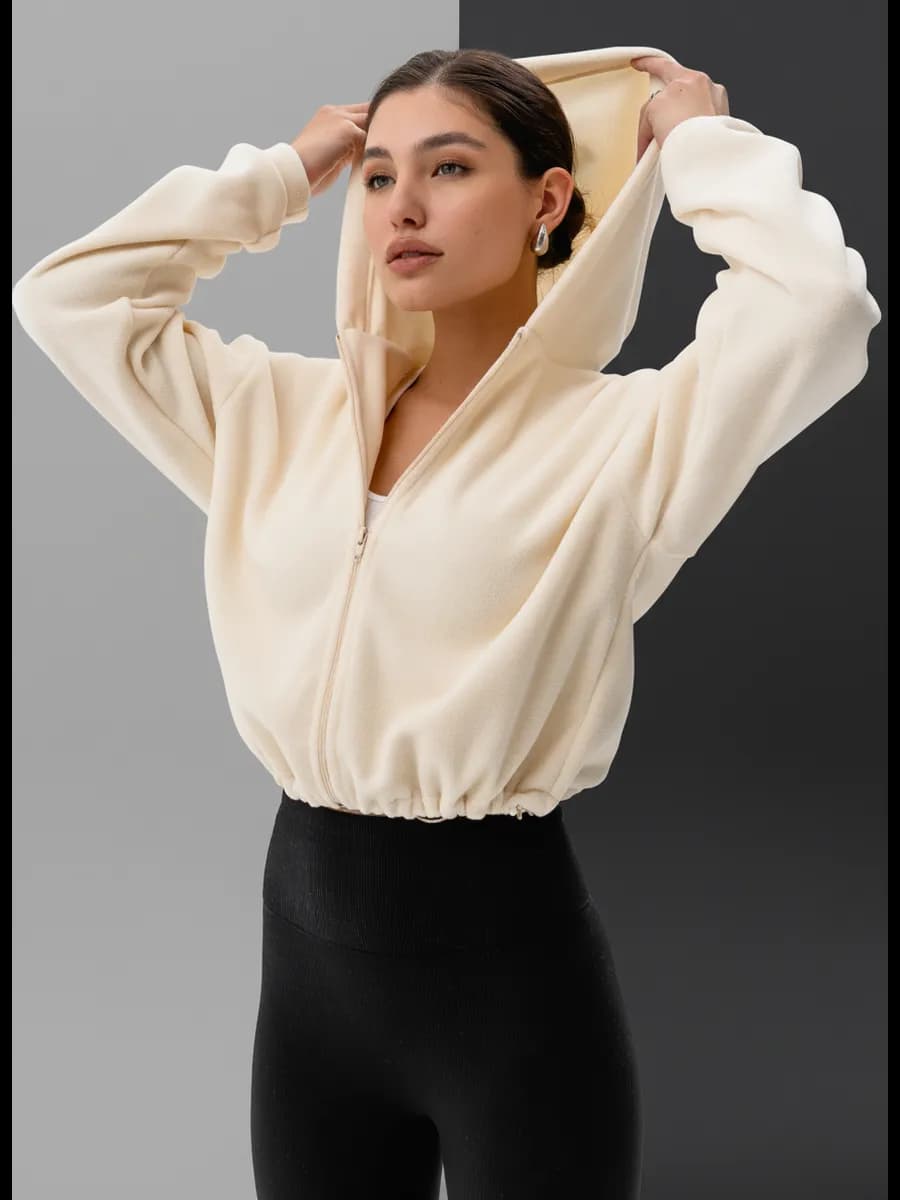 Флисовая кофта худи укороченная с капюшоном теплая