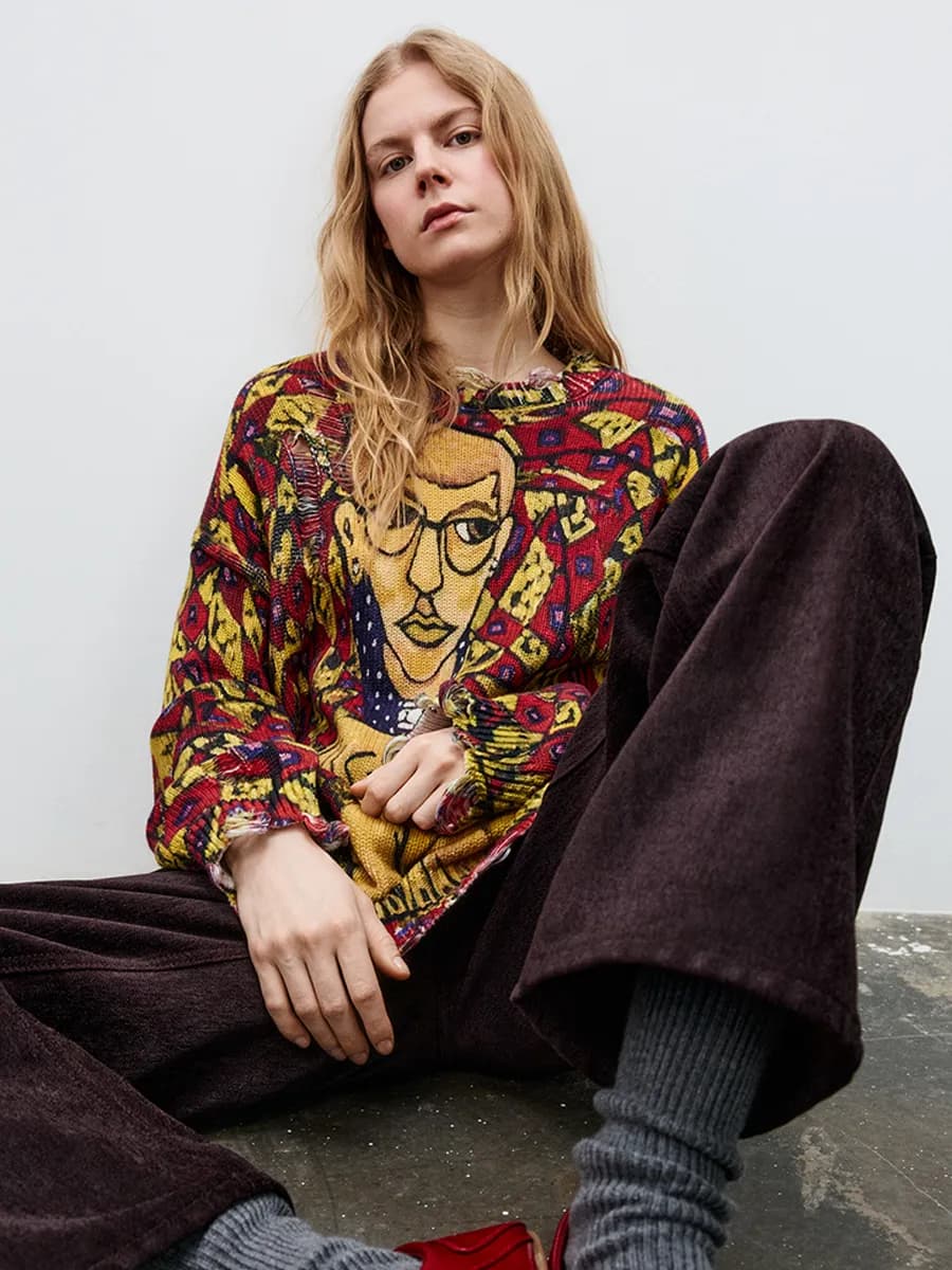 Джемпер унисекс вязаный рваный с принтом