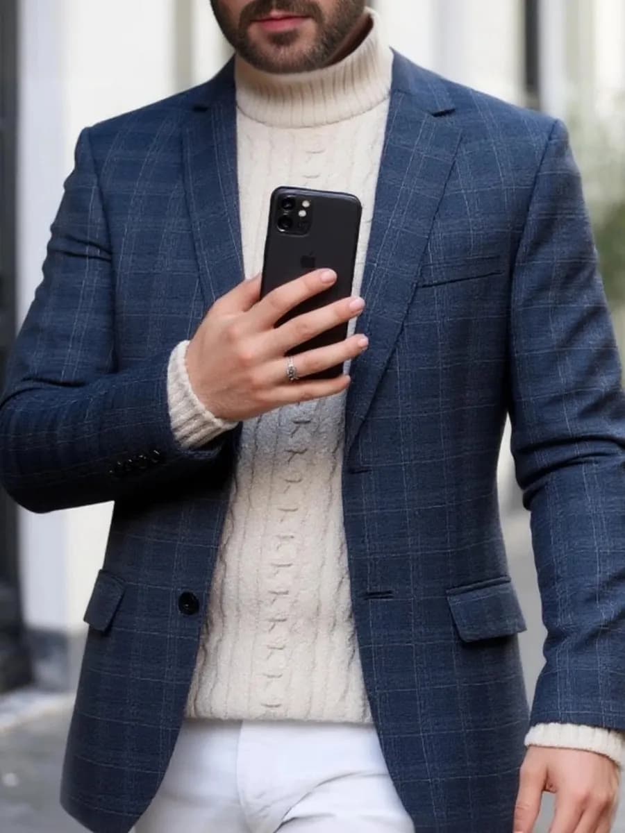 Пиджак под джинсы в клетку повседневный классический синий - фото 1