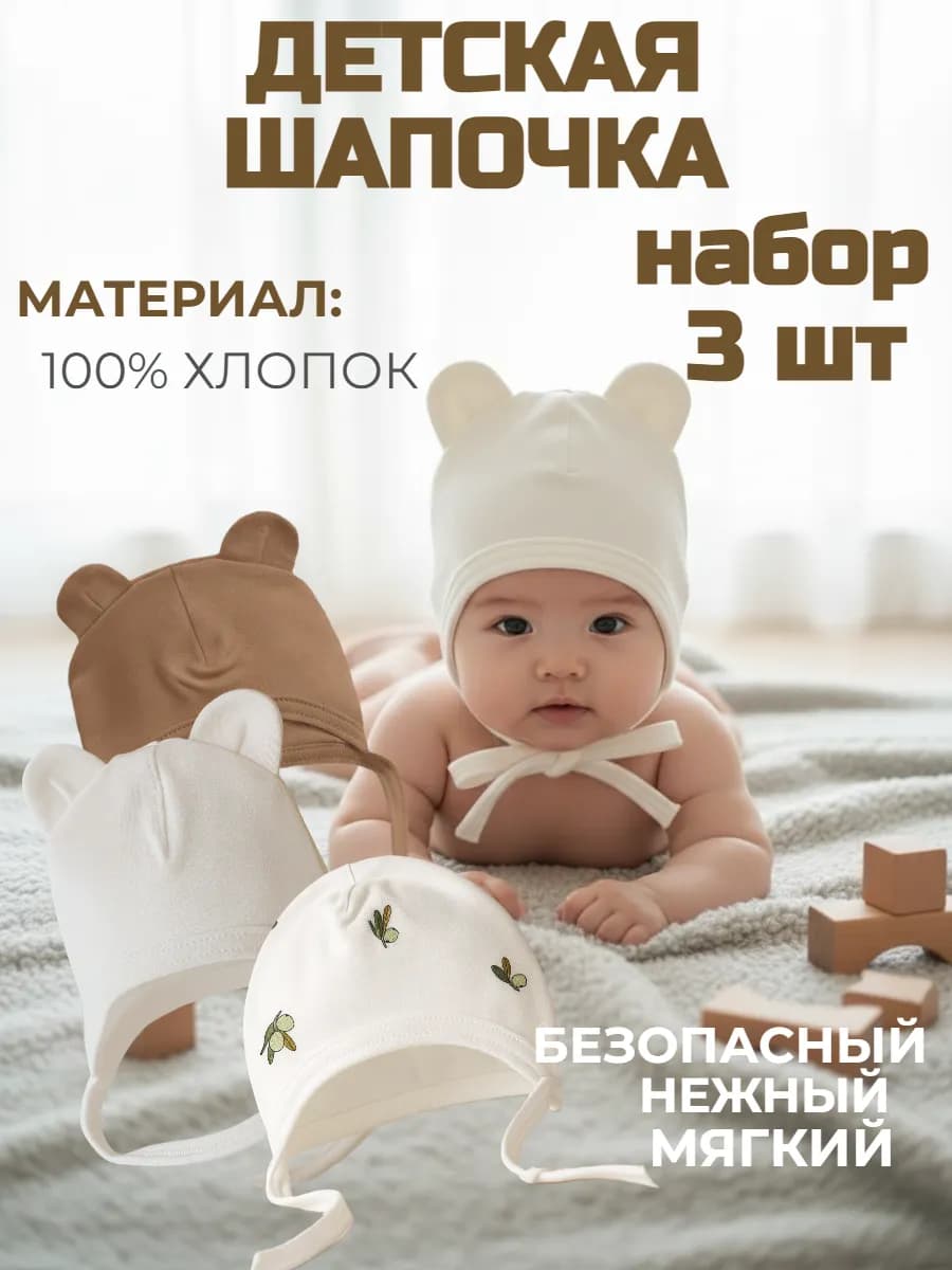 чепчик для новорожденных набор 3шт