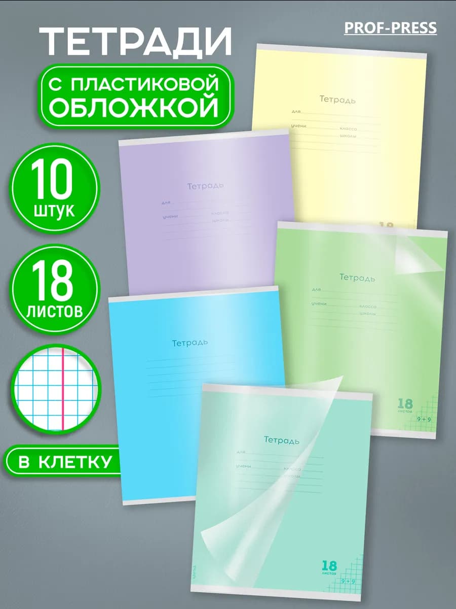Тетрадь в клетку 18 листов 10 штук с пластиковой обложкой