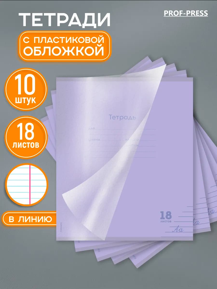 Тетрадь в линейку 18 листов 10 штук с пластиковой обложкой