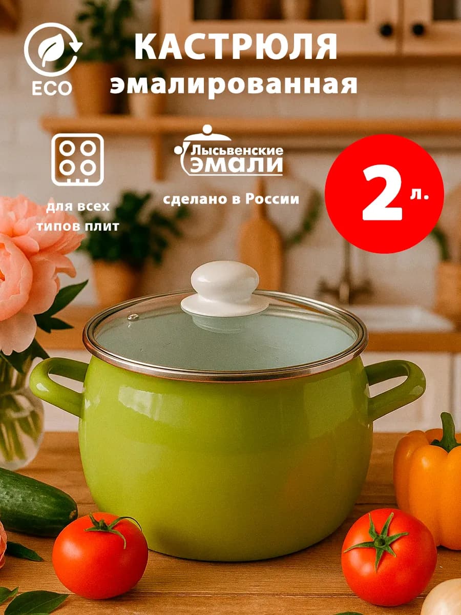 Кастрюля эмалированная с крышкой 2 л