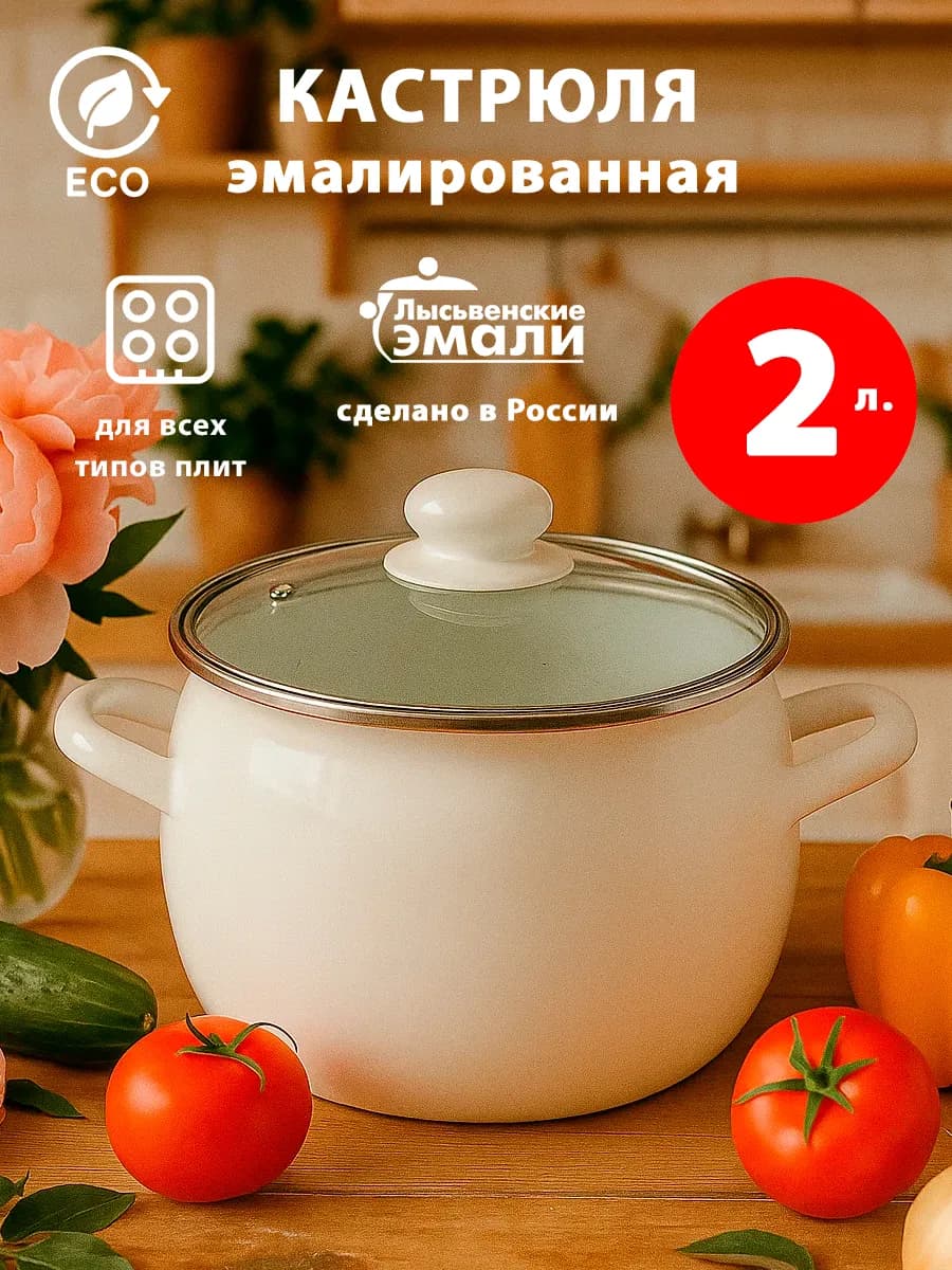 Кастрюля эмалированная с крышкой 2 л