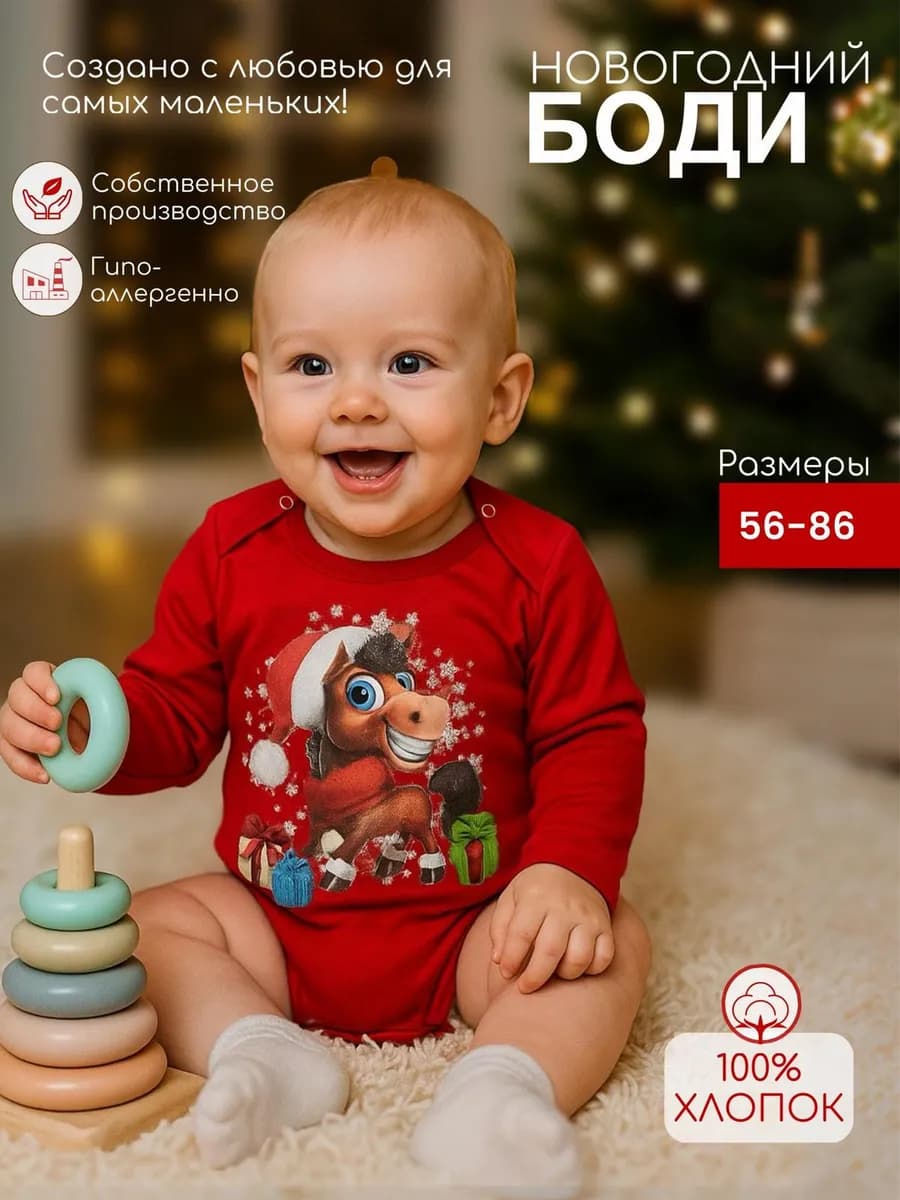 Новогоднее боди с рукавом для новорожденных с принтом