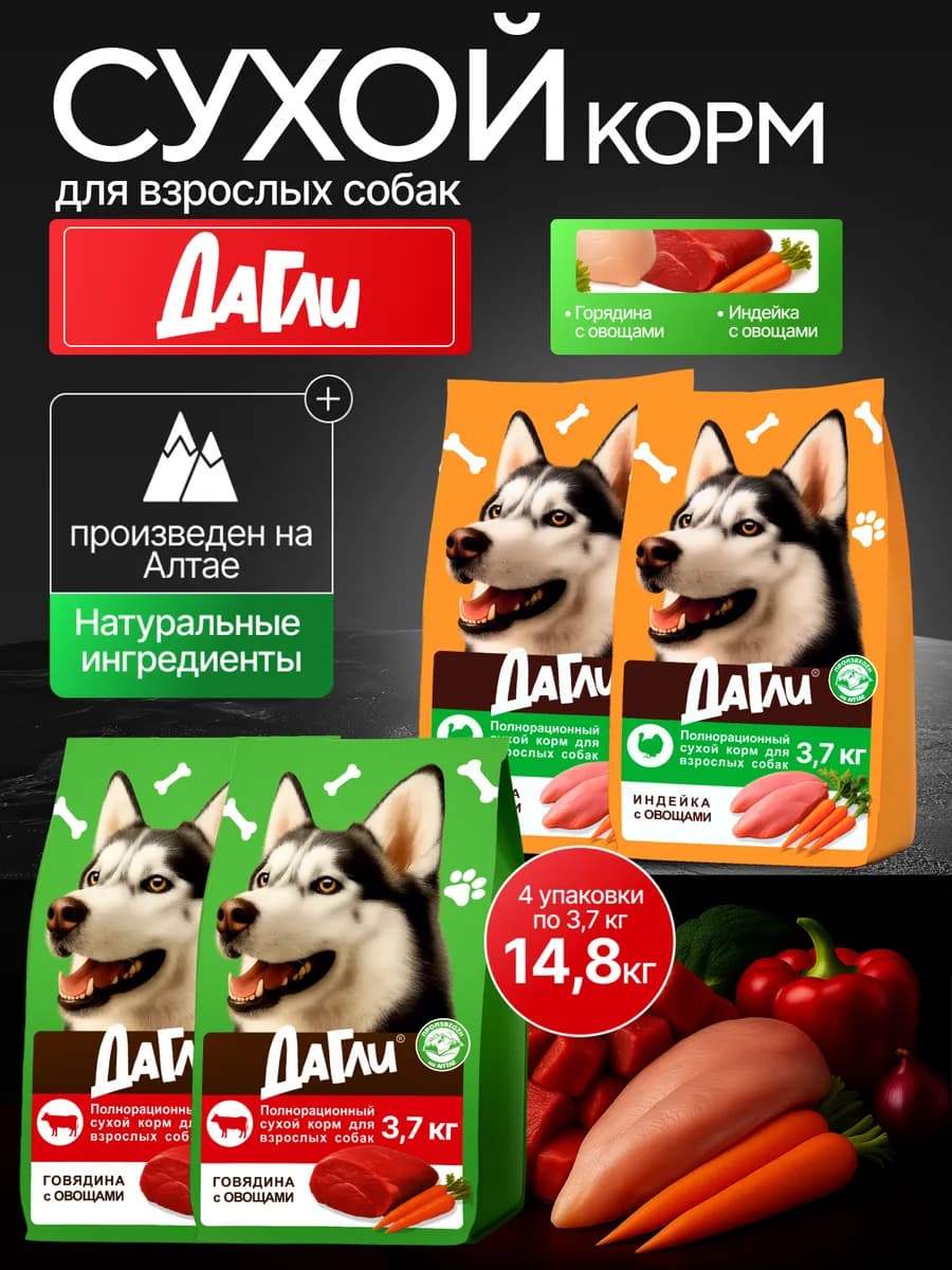 Корм для собак 14.8 кг сухой Говядина и Индейка с овощами