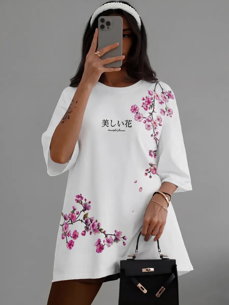 Футболка оверсайз хлопок светящийся принт сакура повседневна