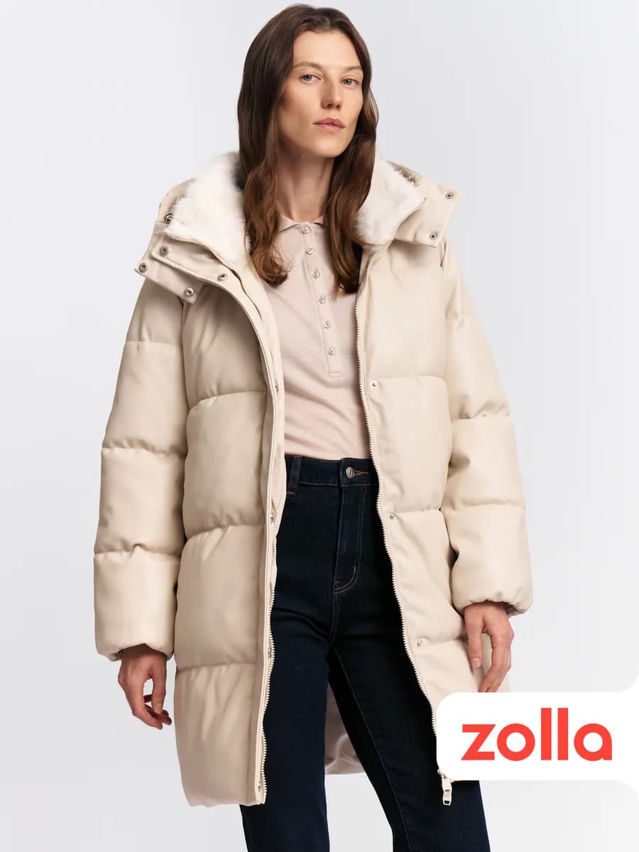 Тёплая женская куртка-пальто из экокожи