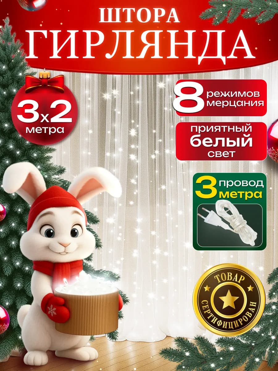 Гирлянда штора 3х2 на окно белая
